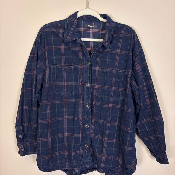 Madewell Navy Blue with Pink Plaid Corduroy Button Down Front Shirt Jacket Large - Picture 3 of 6